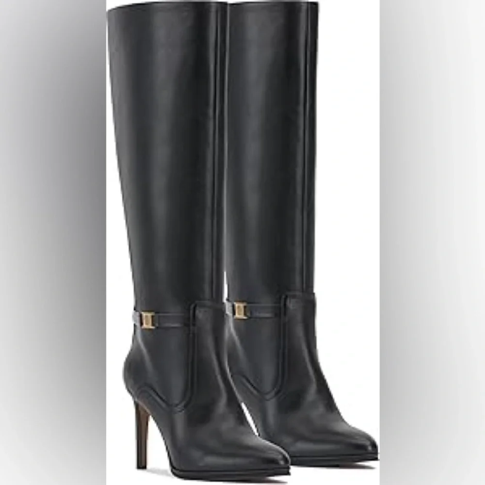 Vince Camuto Skylie Black Glossy Leather High Heel Boots Sz 8 BNWB - Picture 1 of 6